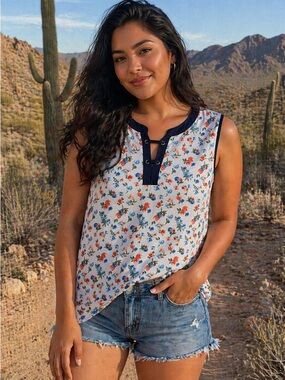 Floral Lace-Up Tank Top with Navy Trim